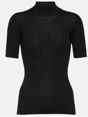 Versace Black Ribbed-Knit Wool Mock Neck Top
